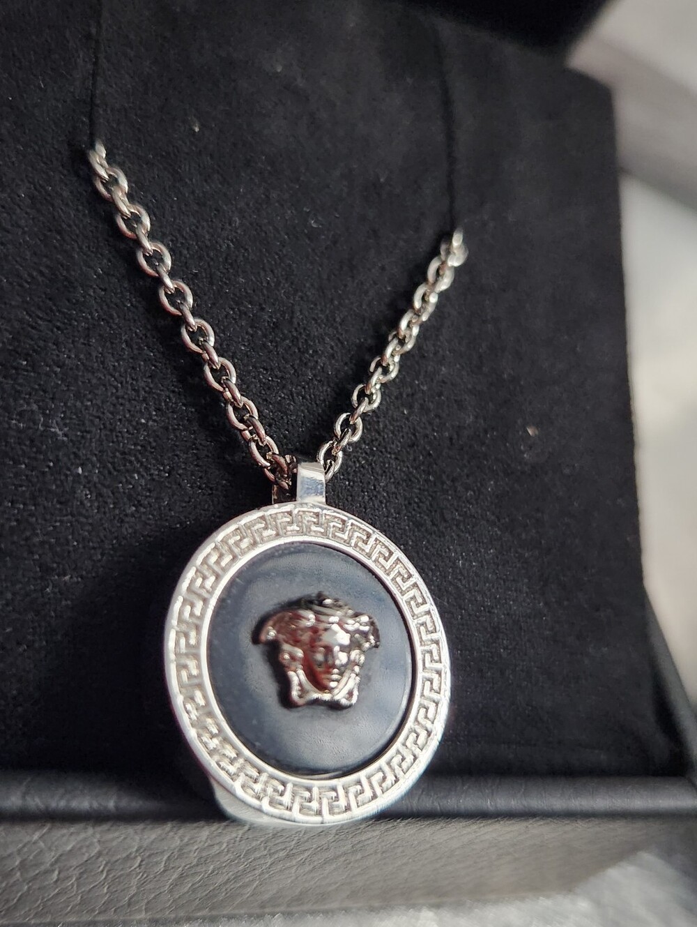 Silver Versace Necklace- Versace Medusa Greca Pendant Neclace In Silver